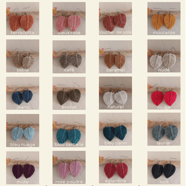 Boucle d'oreille feuille macramé argentée