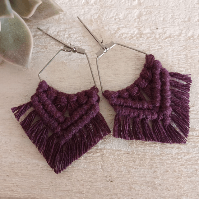 Boucle d'oreille losange macramé argentée