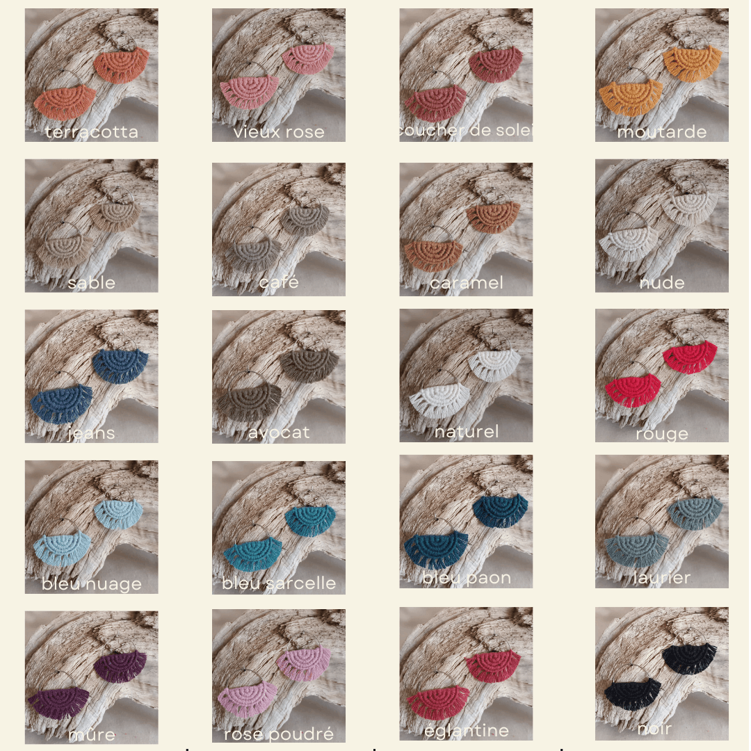 différents coloris de boucles d'oreilles créoles en macramé et anneau argenté