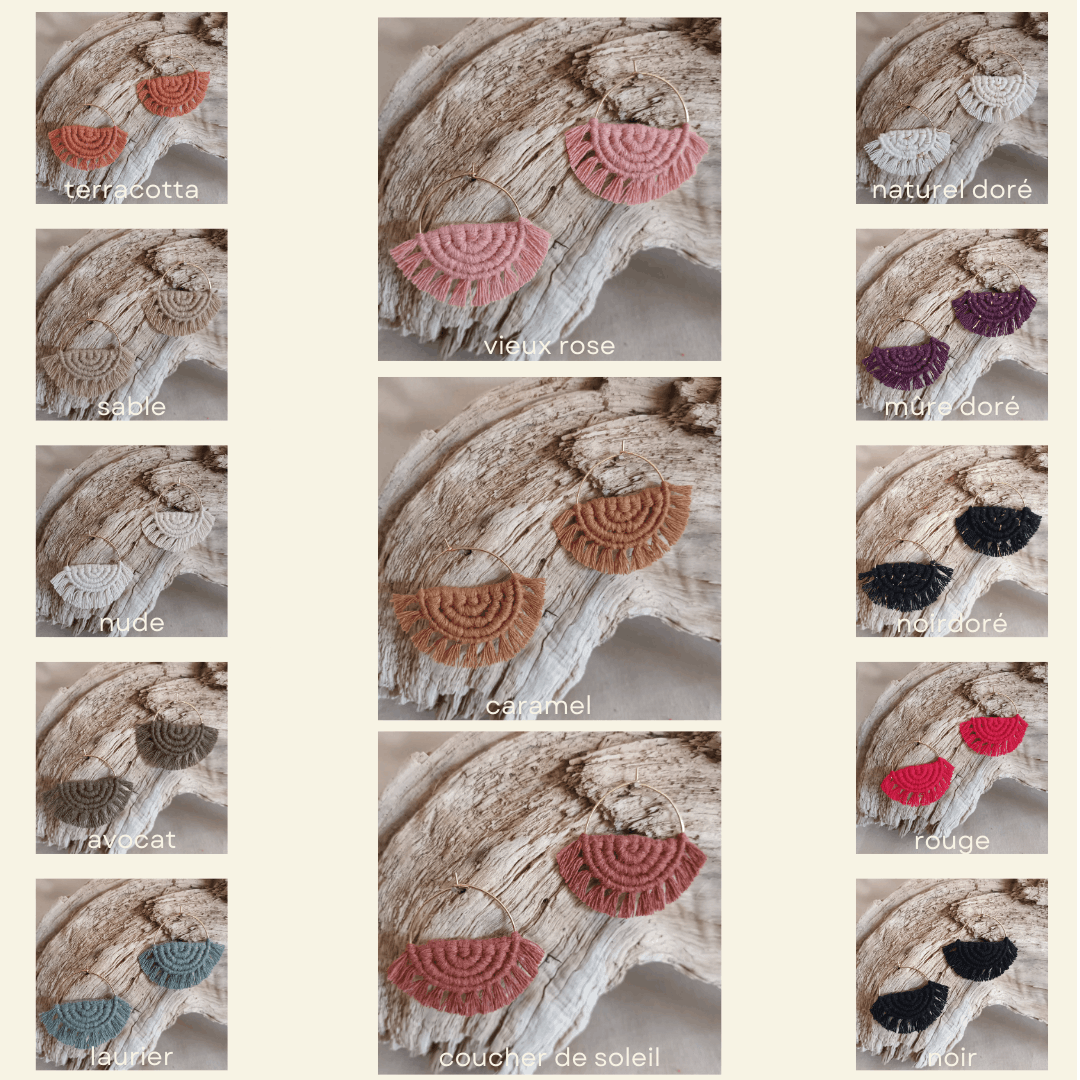 différents coloris de la boucle créole en macramé avec anneau doré