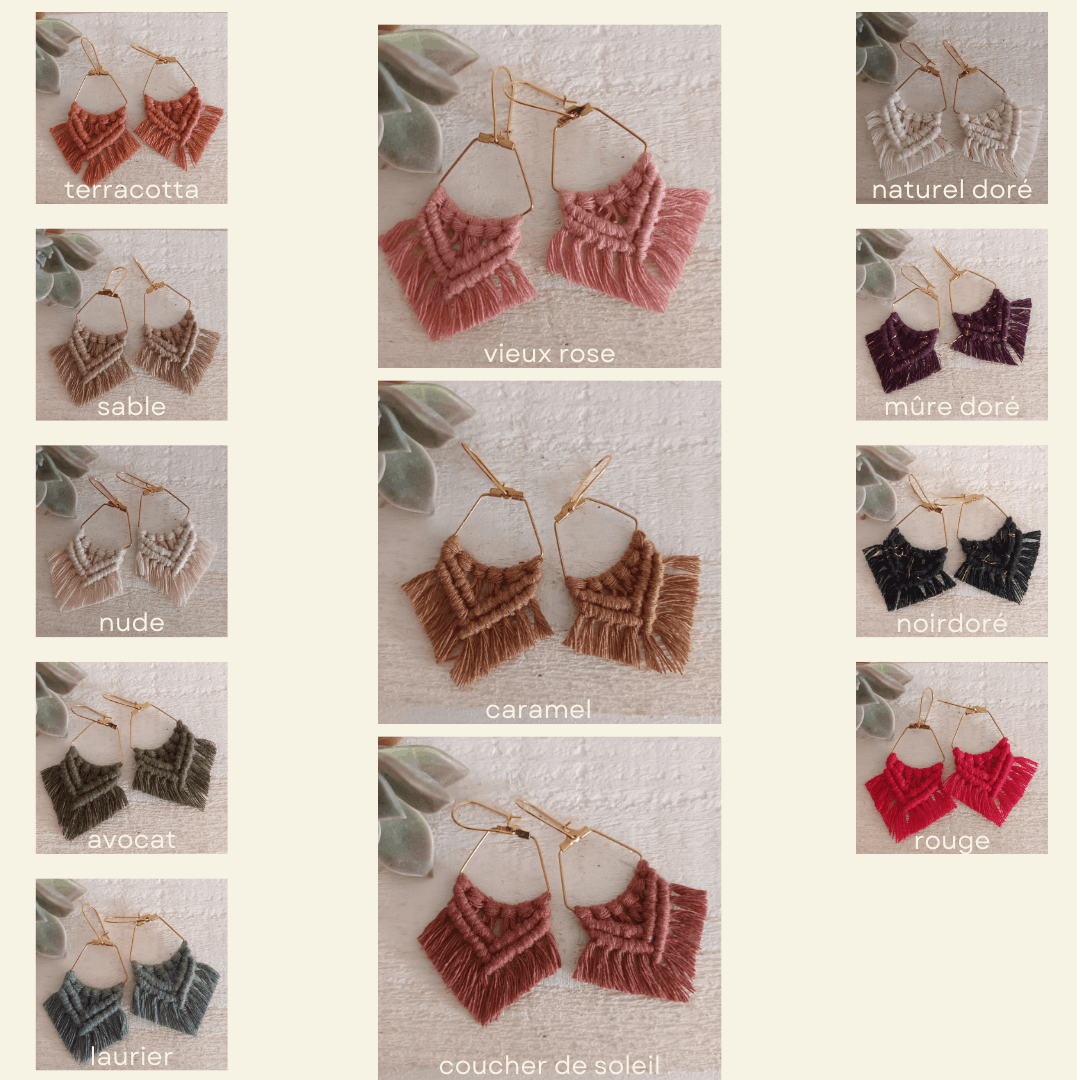 boucle d'oreille losange en macramé différents coloris dorés